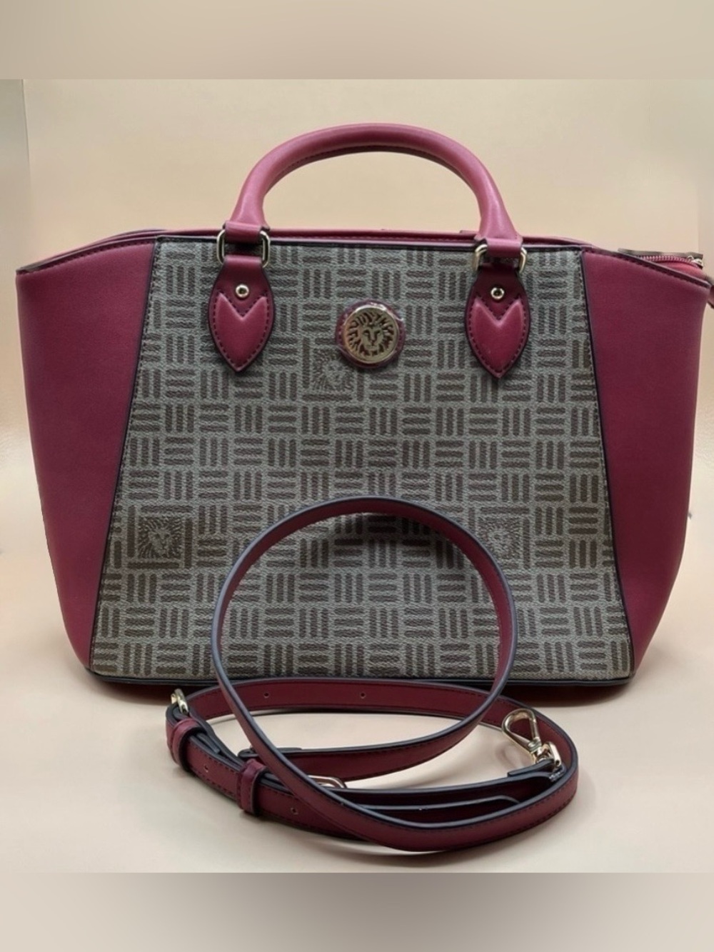Anne Klein Satchel/Crossbody Burgundy and Brown.  Anne Klein Gold Lion Logo.